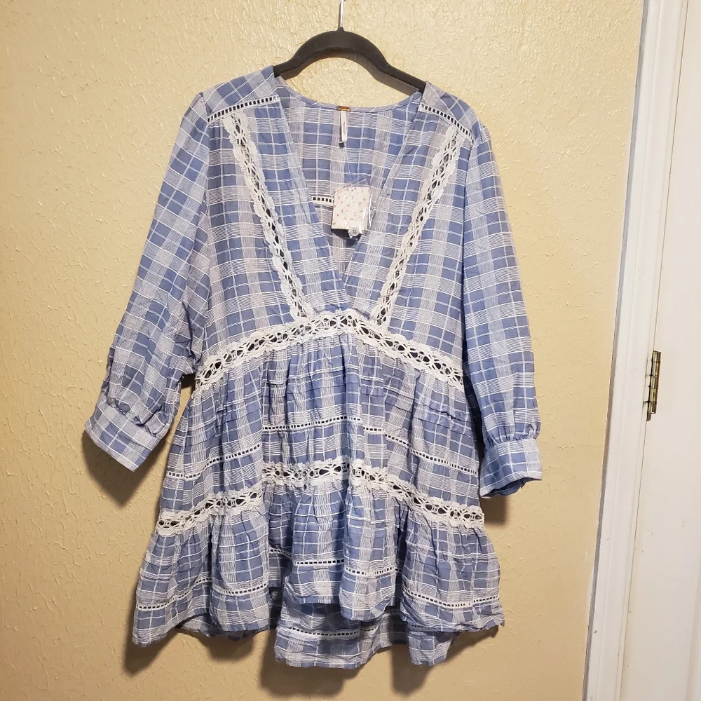 Free People Women's Blue Chambray Time Out Eyelet‎ 3/4 Sleeves Tunic Size XS